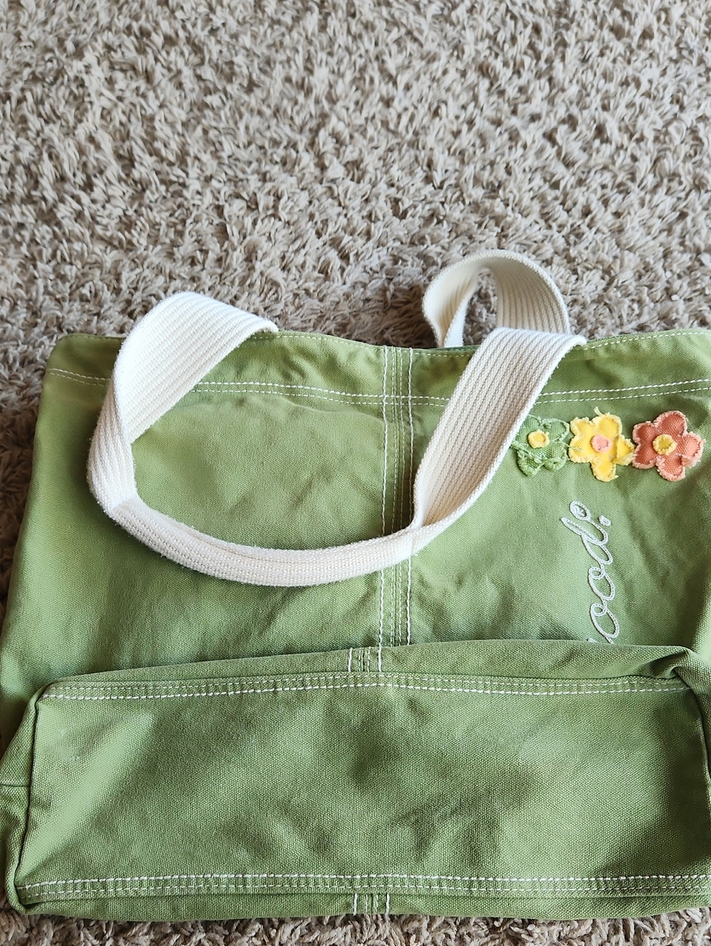 Life Is Good Green Floral Canvas Tote Bag with Cream Handles - Picture 10 of 11